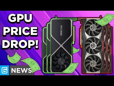progressive Robot graphic with GPU price drop headline, two graphics cards, and floating dollar bills on purple background