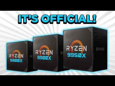 progressive Robot announcement graphic with “IT’S OFFICIAL!” above AMD Ryzen 9800X, 9900X, and 9950X boxes.