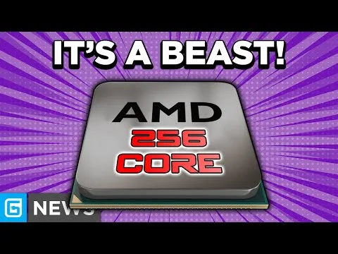 progressive Robot, thumbnail with bold text “IT’S A BEAST!” above an AMD chip labeled “256 CORE” on a purple burst background