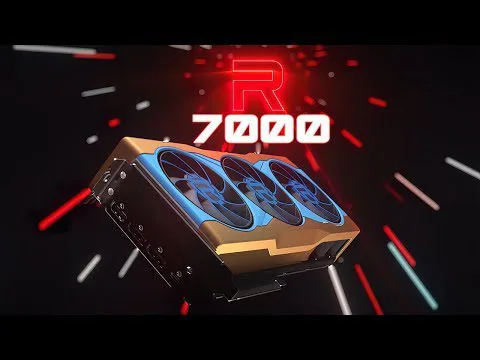 progressive Robot futuristic triple-fan graphics card floating with neon R 7000 text and light streaks on dark background
