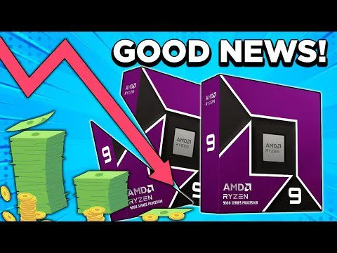 Progressive Robot, graphic with “GOOD NEWS!” text, a red downward arrow, stacks of money, and AMD Ryzen 9 boxes.