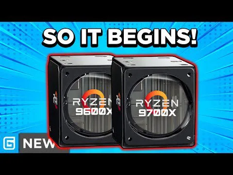 progressive Robot, text “SO IT BEGINS!” above two Ryzen CPU boxes labeled “RYZEN 9600X” and “RYZEN 9700X” on blue background