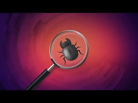 progressive Robot magnifying glass highlighting a black beetle on a red and purple abstract background