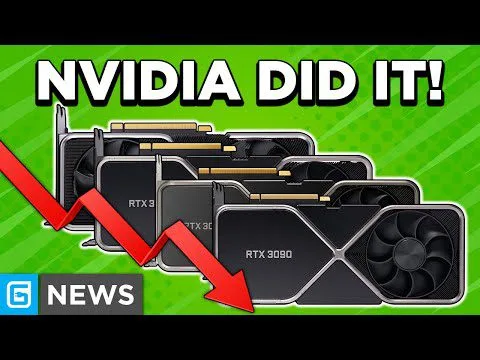Progressive Robot, NVIDIA graphics cards with a red downward trend line and the text “NVIDIA DID IT!” and “G NEWS”