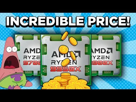progressive Robot graphic with “INCREDIBLE PRICE!” above AMD Ryzen chips, coins falling, and a surprised cartoon character.