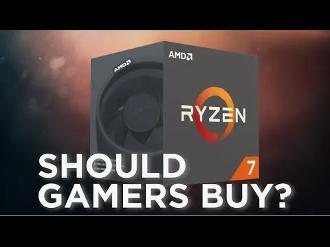 progressive Robot, AMD Ryzen 7 processor box with text "SHOULD GAMERS BUY?" on a blurred background