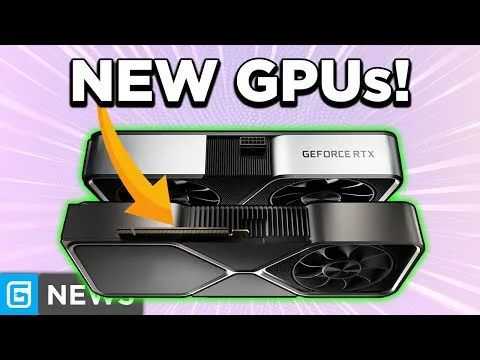 progressive Robot graphic showing a GeForce RTX GPU with “NEW GPUs!” text and an arrow pointing to the card’s connector