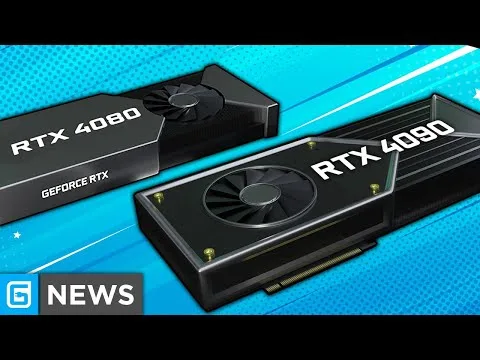 Progressive Robot graphic showing two NVIDIA GeForce RTX GPUs labeled RTX 4080 and RTX 4090 on a blue background with NEWS icon