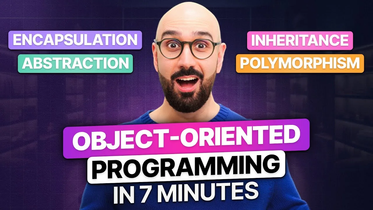 progressive Robot with surprised man and text: Encapsulation, Abstraction, Inheritance, Polymorphism, Object-Oriented Programming in 7 minutes