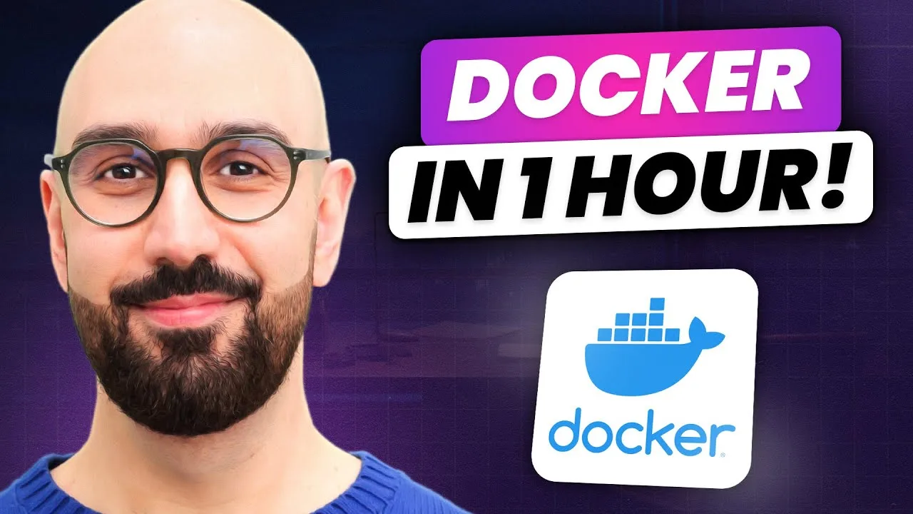progressive Robot smiling bald man with glasses next to text “DOCKER IN 1 HOUR!” and the Docker logo on a purple background