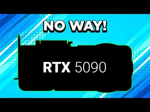 Progressive Robot graphic with bold text “NO WAY!” above a black silhouette labeled “RTX 5090” on a blue background