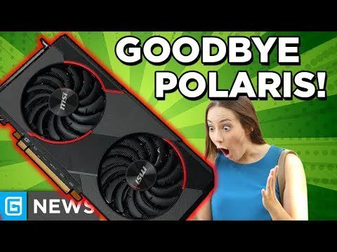 progressive Robot, graphics card next to surprised woman with text “GOODBYE POLARIS!” and “G NEWS”