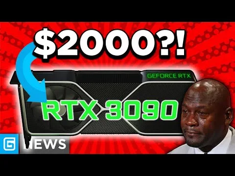 Progressive Robot thumbnail showing $2000?! above an RTX 3090 graphics card and a crying man meme on the right.