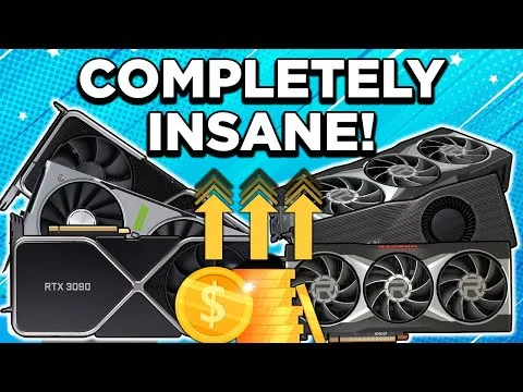 Progressive Robot completely insane graphic showing RTX 3090 GPUs, upward arrows, and stacked coins with a dollar sign