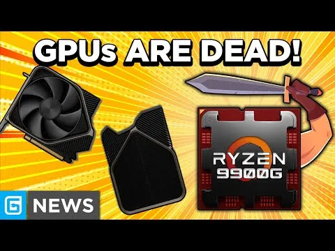 progressive Robot thumbnail with text GPUs ARE DEAD!, a Ryzen 9900XG chip, a GPU fan, and a sword on a yellow burst background