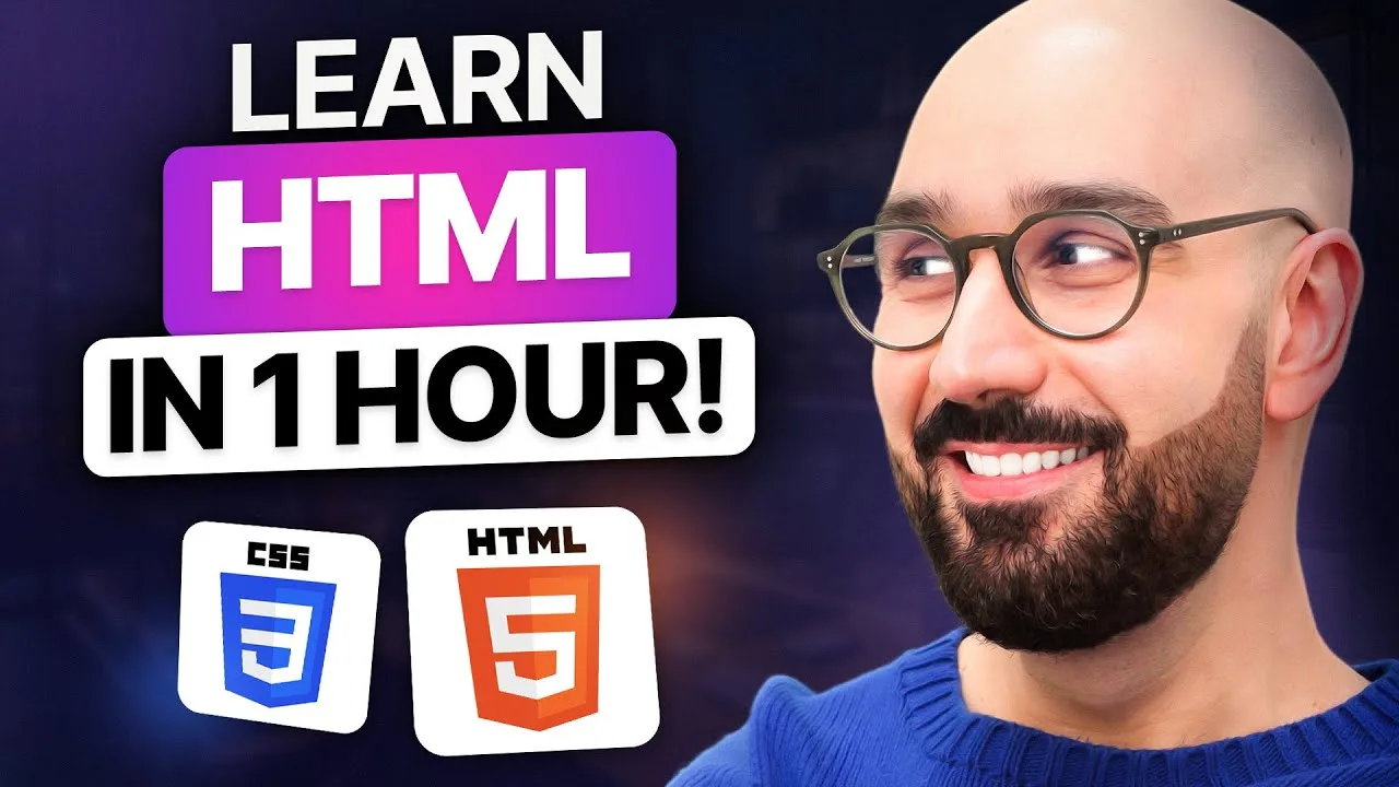progressive Robot tutorial thumbnail reading “LEARN HTML IN 1 HOUR!” with CSS and HTML5 icons and a smiling man in glasses
