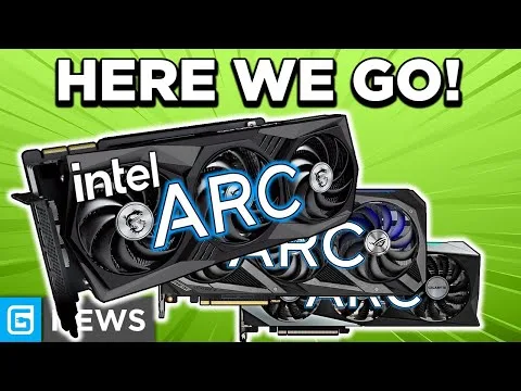 Progressive Robot graphic of Intel Arc GPUs with the text HERE WE GO! and G News logo on a green background