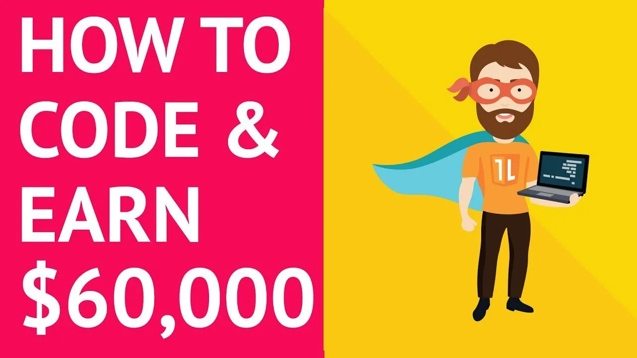 Progressive Robot graphic reading How to Code & Earn $60,000 with a cartoon superhero holding a laptop on a yellow background