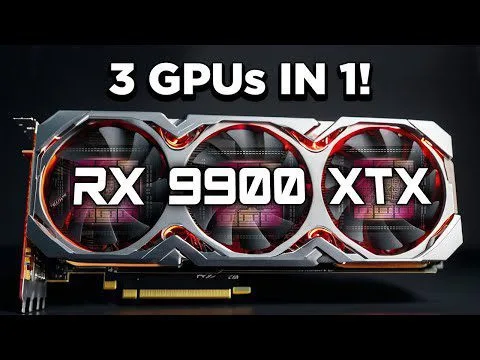 progressive Robot, graphics card with three fans and text “3 GPUs in 1!” and “RX 9900 XTX”
