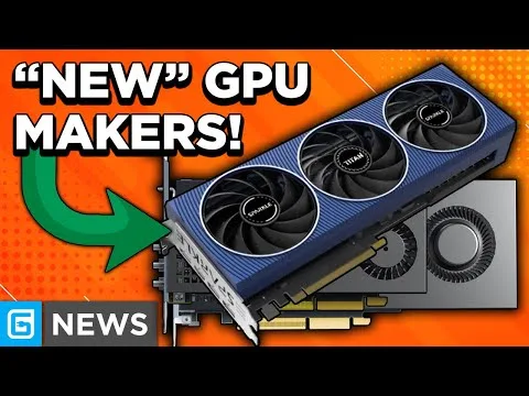 progressive Robot graphic showing a triple-fan graphics card with text “NEW” GPU MAKERS! and a green arrow on an orange background