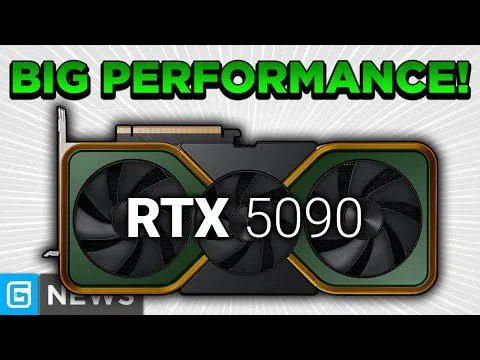 Progressive Robot graphic of an RTX 5090 GPU with three fans and bold text reading BIG PERFORMANCE!