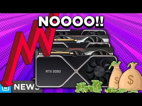 progressive Robot Cartoon thumbnail with RTX 3090 graphics cards, “NOOO!!” text, red downward arrow, and money bags on purple background