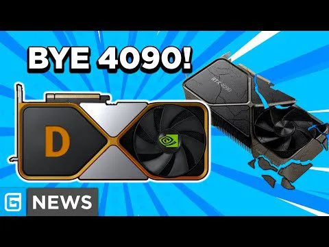 progressive Robot, thumbnail with text “BYE 4090!” showing an Nvidia GPU and a broken graphics card on a blue background