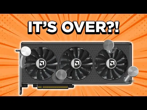Progressive Robot with the text "IT'S OVER?!" above a black triple-fan graphics card on an orange burst background