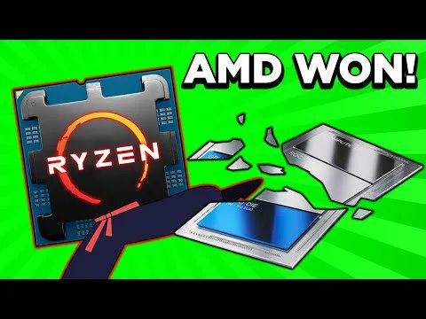 progressive Robot holding an AMD Ryzen CPU chip, with broken Intel chips and the text AMD WON!