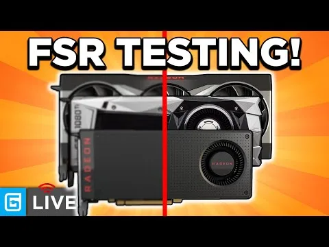 progressive Robot thumbnail showing “FSR TESTING!” above two AMD Radeon graphics cards split by a red vertical line, with “LIVE” icon at bottom left