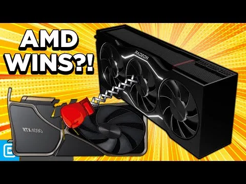 Progressive Robot, illustration of an AMD CPU and Radeon graphics card with a broken Nvidia GPU and the text “AMD WINS?!”