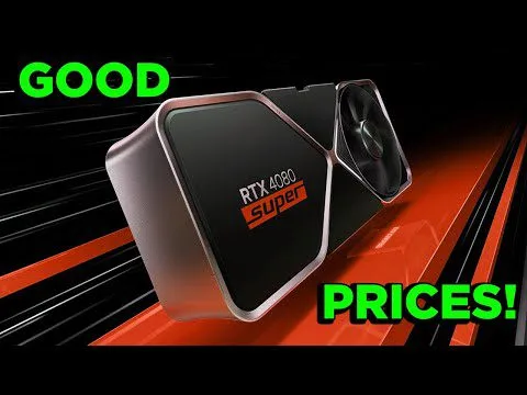 Progressive Robot with an RTX 4080 Super graphics card, with green text reading “GOOD” and “PRICES!” on a black and red background.