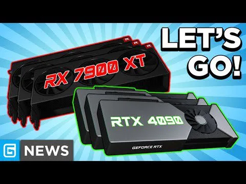 Progressive Robot with RX 7900 XT and RTX 4090 graphics cards, with text “LET’S GO!” and “G NEWS”