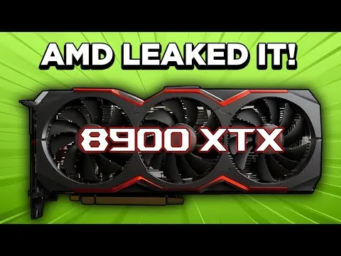 progressive Robot AMD leaked it! 8900 XTX graphics card with three fans on a green burst background