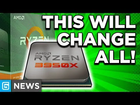 Progressive Robot AMD Ryzen 9 3950X processor with bold text THIS WILL CHANGE ALL! and G NEWS logo on green background
