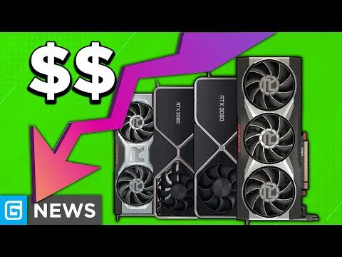Progressive Robot with dollar signs and downward arrow next to RTX graphics cards and a "NEWS" label on green background