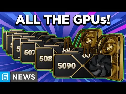 Progressive Robot graphic showing multiple GPUs labeled 5, 507, 508, 5090 under the headline “ALL THE GPUs!” with G NEWS logo.