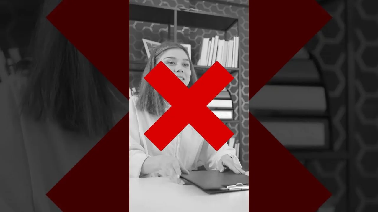 progressive Robot red X over a grayscale woman at a desk with a clipboard, bookshelves in the background
