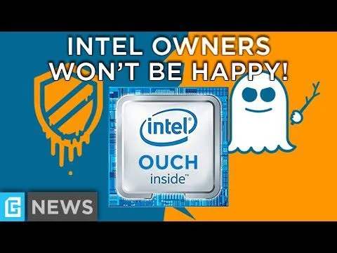 progressive Robot graphic with headline "INTEL OWNERS WON'T BE HAPPY!", Intel chip saying "OUCH inside," shield and ghost icons, and "G NEWS" logo