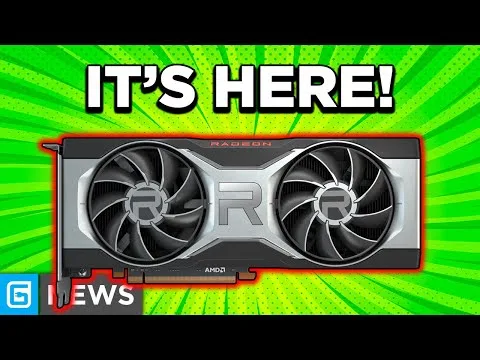 Progressive Robot, AMD Radeon graphics card with two fans on a green burst background and the text “IT’S HERE!” and “NEWS”