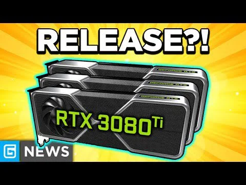 Progressive Robot, stacked RTX 3080 Ti graphics cards with bold text "RELEASE?!" and "G NEWS" on a yellow burst background