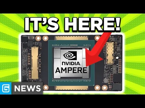 Progressive Robot graphic with “IT’S HERE!” above an NVIDIA Ampere chip on a circuit board, highlighted by a red arrow.