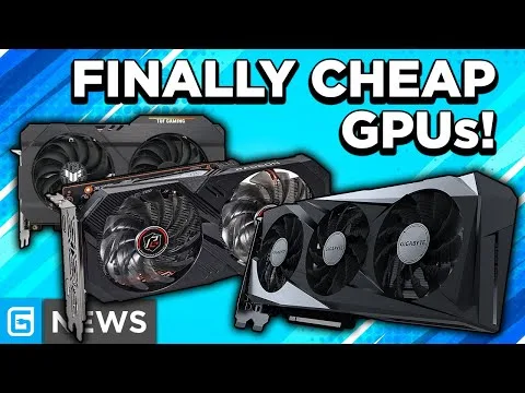 progressive Robot thumbnail with three graphics cards and text "FINALLY CHEAP GPUs!" and "NEWS" on a blue background