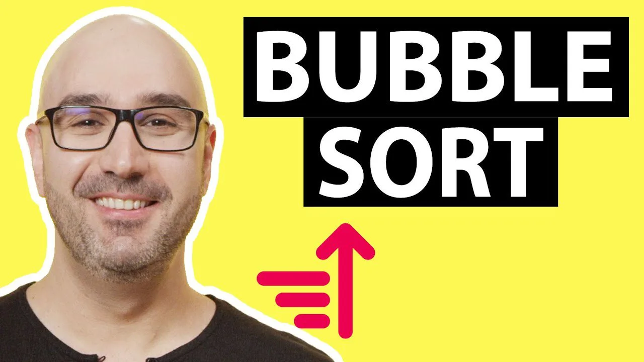progressive Robot thumbnail with smiling bald man in glasses, bold text “BUBBLE SORT,” and a red upward arrow on yellow background