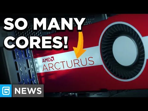 progressive Robot graphic of AMD Arcturus GPU with “SO MANY CORES!” text and a “NEWS” label