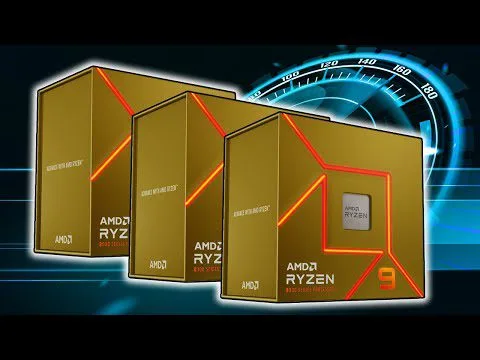 progressive Robot three AMD Ryzen 9 processor boxes with glowing orange lines in front of a blue speedometer-style graphic