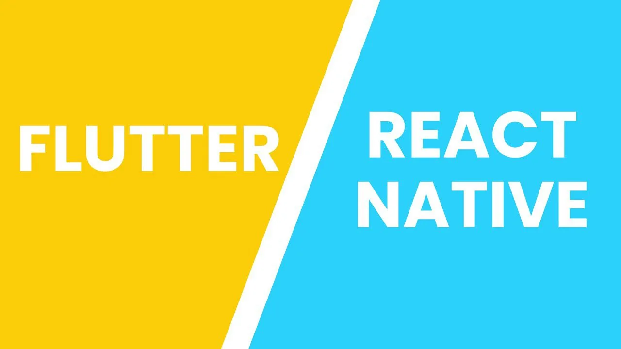 progressive Robot graphic comparing Flutter and React Native, with “FLUTTER” on yellow and “REACT NATIVE” on blue separated by a slash