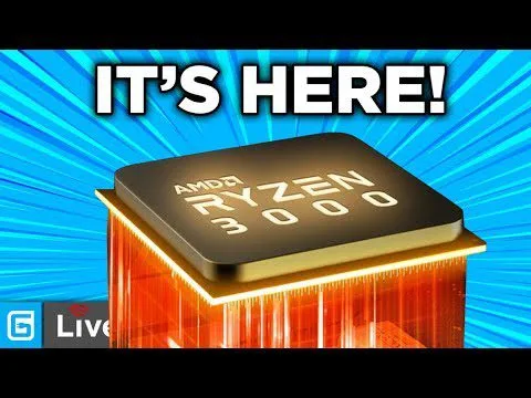 Progressive Robot: Graphic with AMD Ryzen 3000 chip and large text reading “IT’S HERE!” on a blue burst background