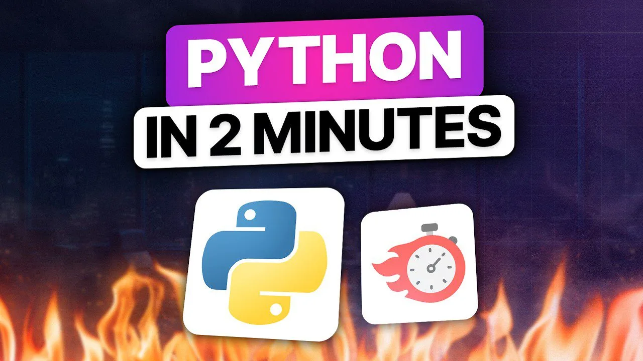 progressive Robot graphic reading “PYTHON IN 2 MINUTES” with Python logo, stopwatch icon, and flames along the bottom