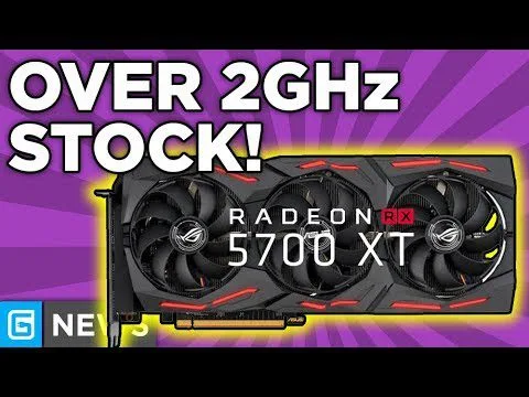 progressive Robot graphic of a Radeon RX 5700 XT GPU with text “OVER 2GHz STOCK!” on a purple background